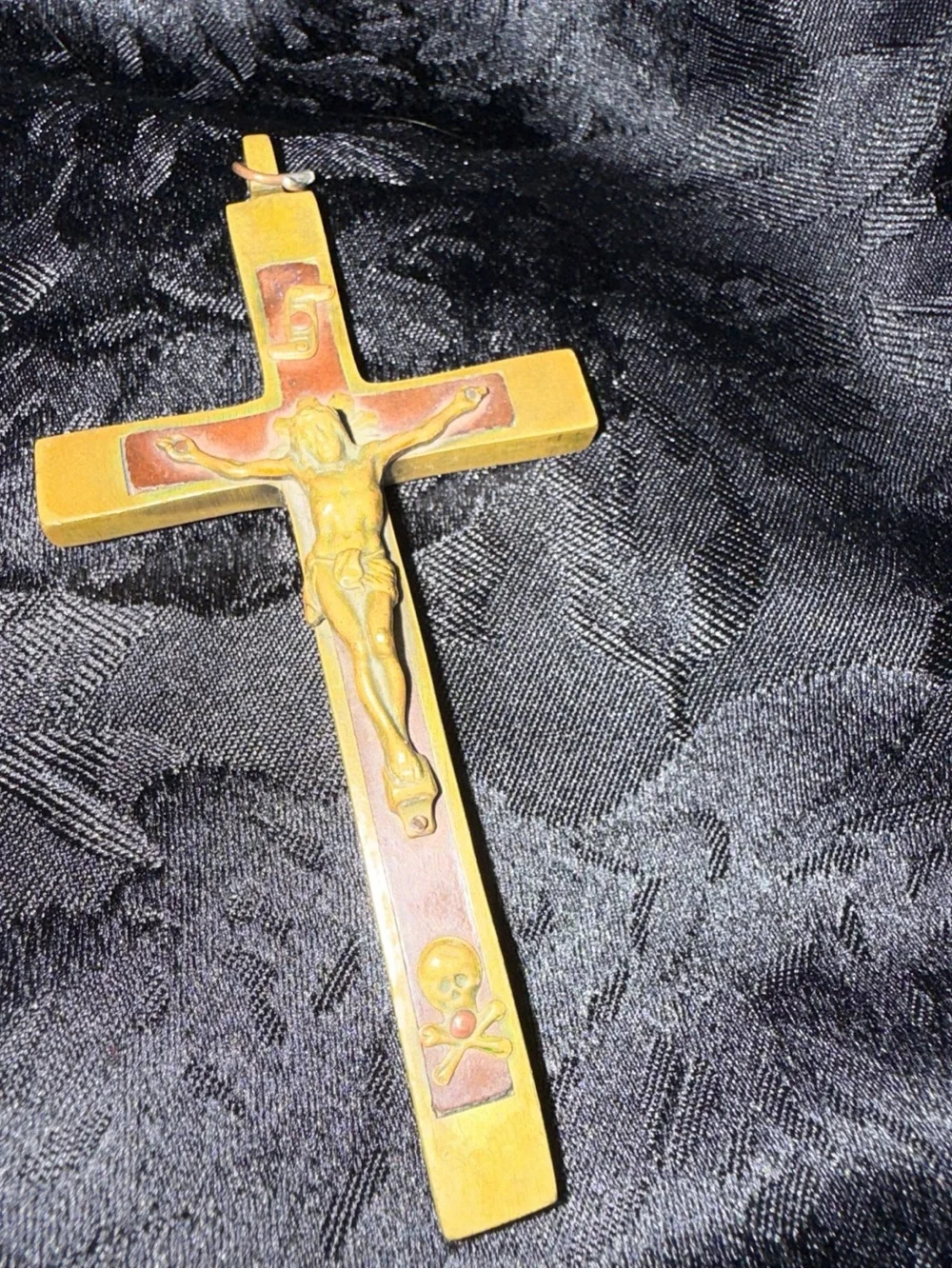 Brass Crucifix Wall Cross Skulls Bones France Antique Catholic wooden inlay
